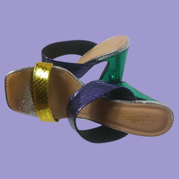 Cathy Din Faux Snake Skin Print Sandals Womens Metallics Purple Gold  Sz 6.5 - Picture 9 of 15
